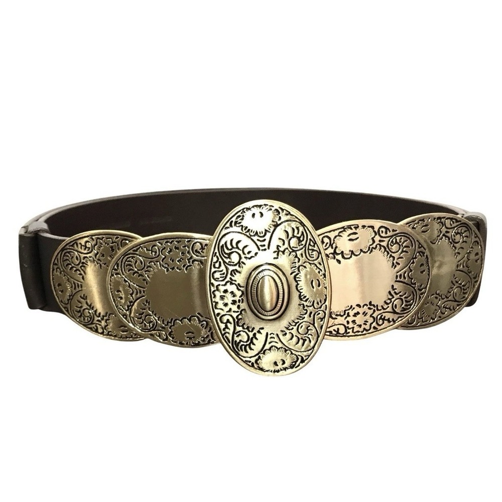 Chico's Brown Leather Adjustable Gold Clasp Boho Buckle Waist Belt Women's M/L